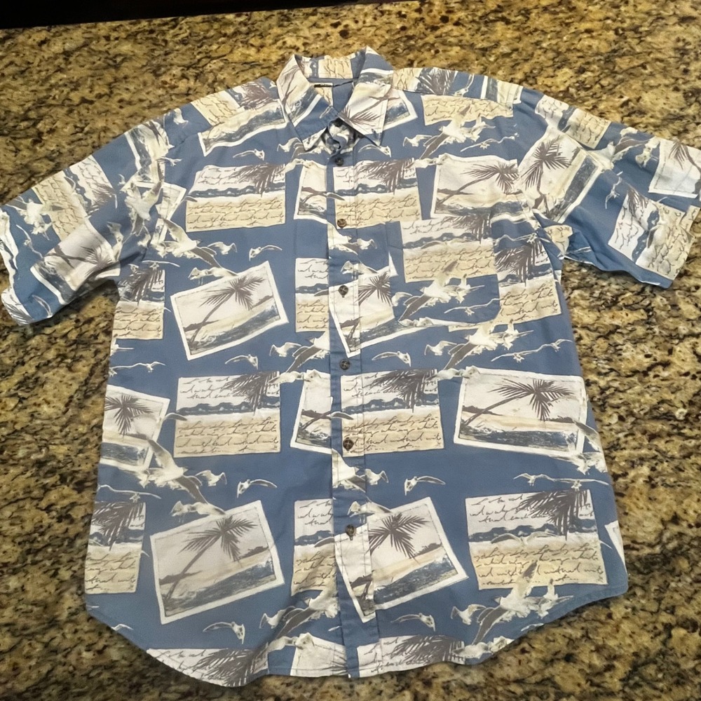 Puritan Mens Large Blue Tropical Postcard Seagull Print Cotton Button Down Shirt